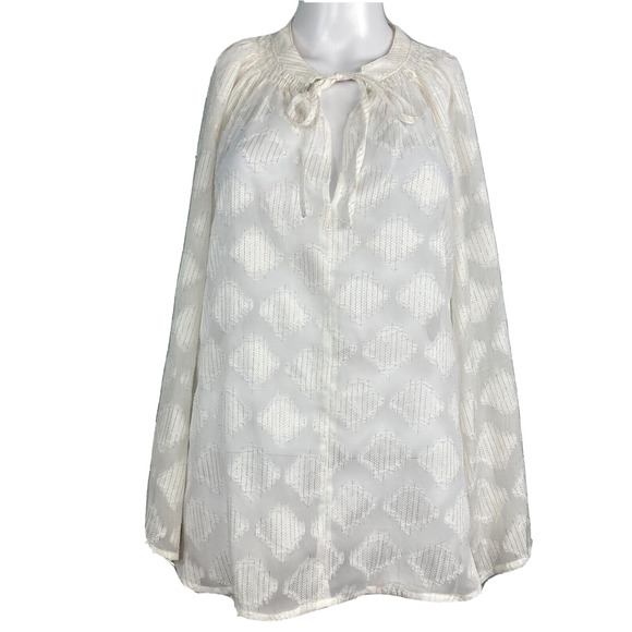 Bishop + Young Shirt Womens Sz XS White Gold Metallic‎ Sheer Pullover Peasant - Picture 1 of 8
